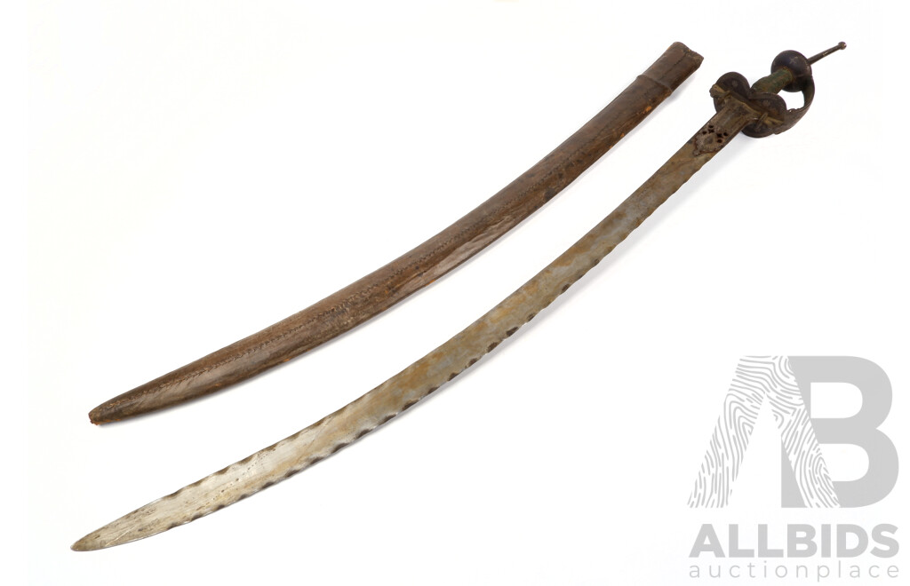 Antique Sub Continental Talwar with Serrated Edge and Spine, Bidriware Inlay to Handle and Full Leather Sheath