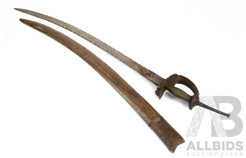 Antique Sub Continental Talwar with Serrated Edge and Spine, Bidriware Inlay to Handle and Full Leather Sheath