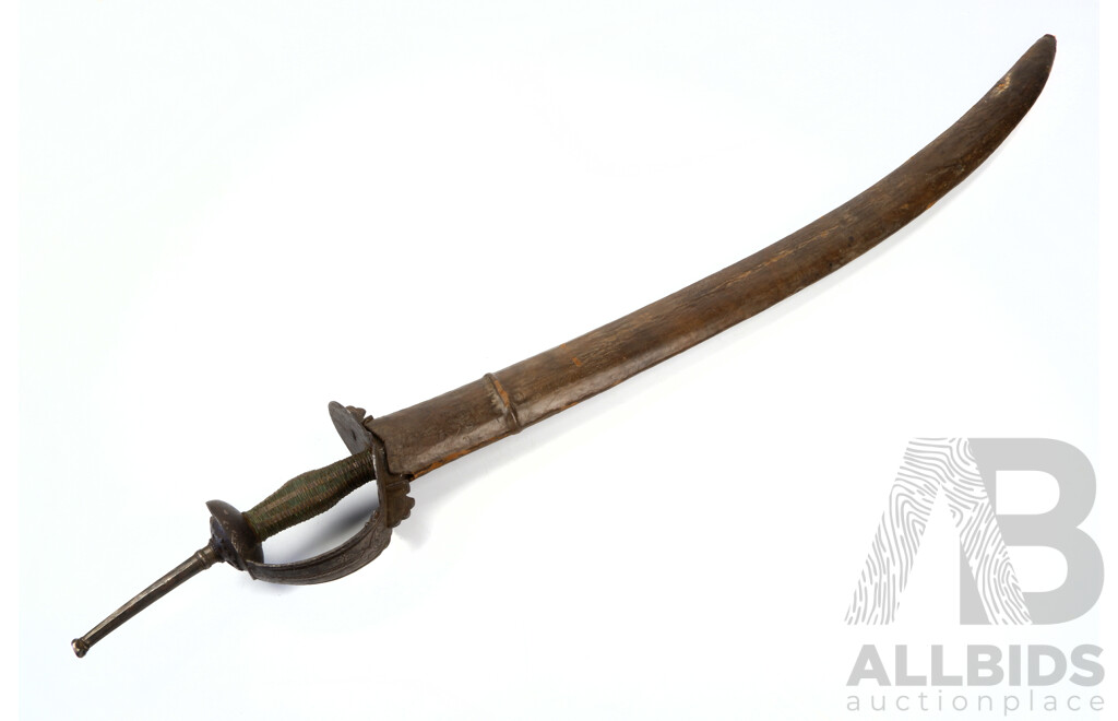 Antique Sub Continental Talwar with Serrated Edge and Spine, Bidriware Inlay to Handle and Full Leather Sheath
