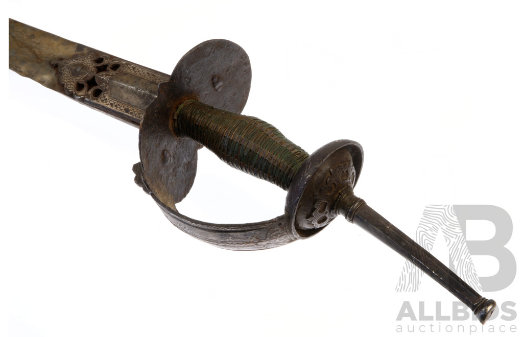 Antique Sub Continental Talwar with Serrated Edge and Spine, Bidriware Inlay to Handle and Full Leather Sheath