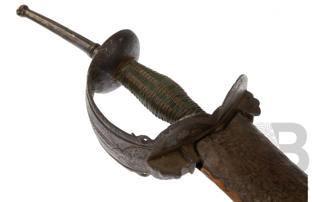 Antique Sub Continental Talwar with Serrated Edge and Spine, Bidriware Inlay to Handle and Full Leather Sheath