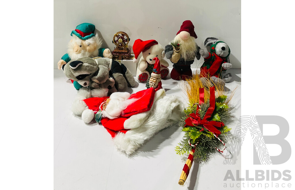 Collection of Christmas Decorations Including Hats, Statues and More