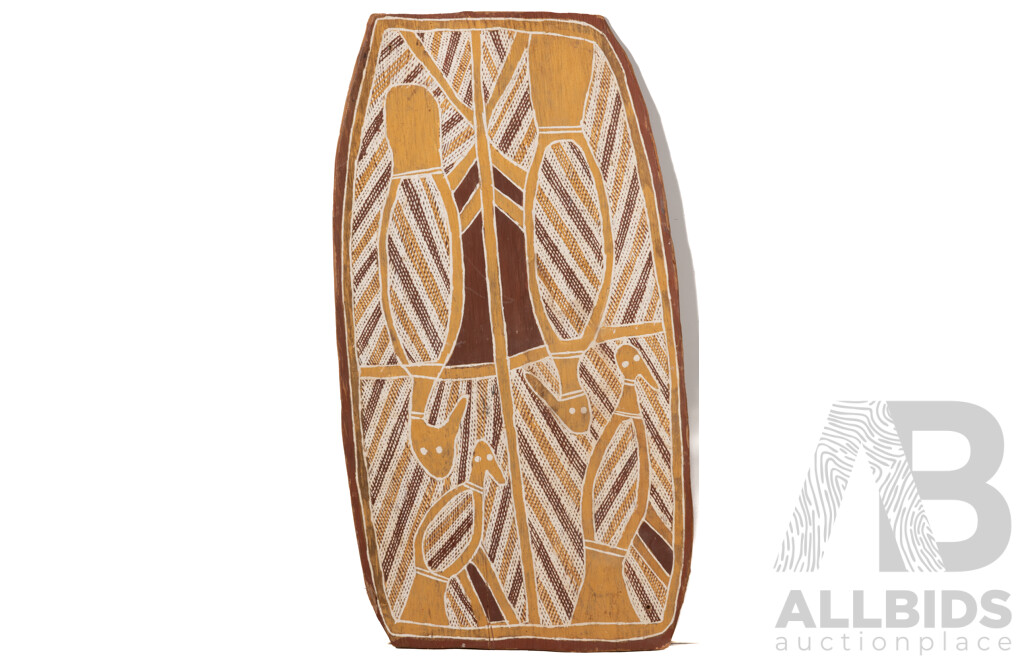 Artist Unknown (Arnhem Land), Magpie Geese, Ochres on Bark, 59 x 32 cm
