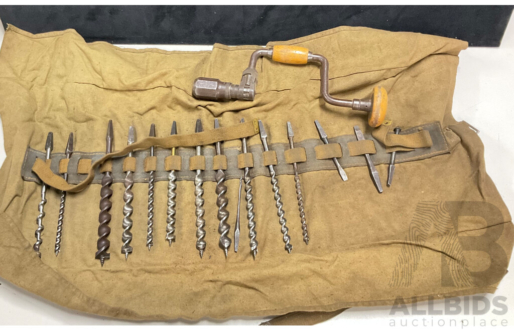 Vintage Hand Crank Drill with Pouch of Auger Bits