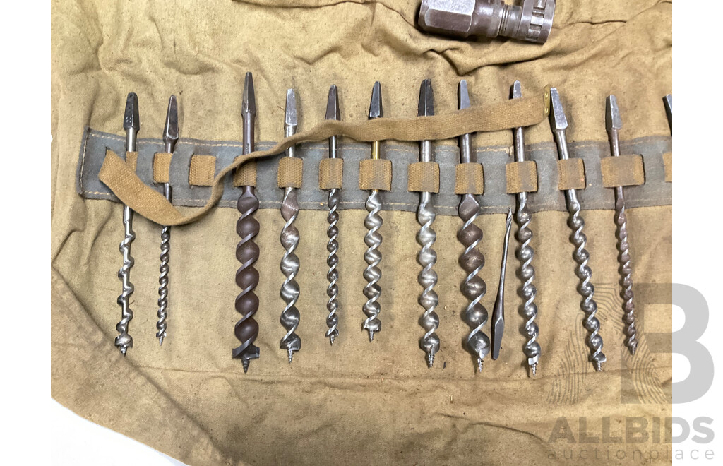 Vintage Hand Crank Drill with Pouch of Auger Bits