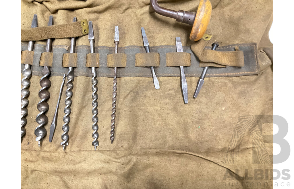 Vintage Hand Crank Drill with Pouch of Auger Bits