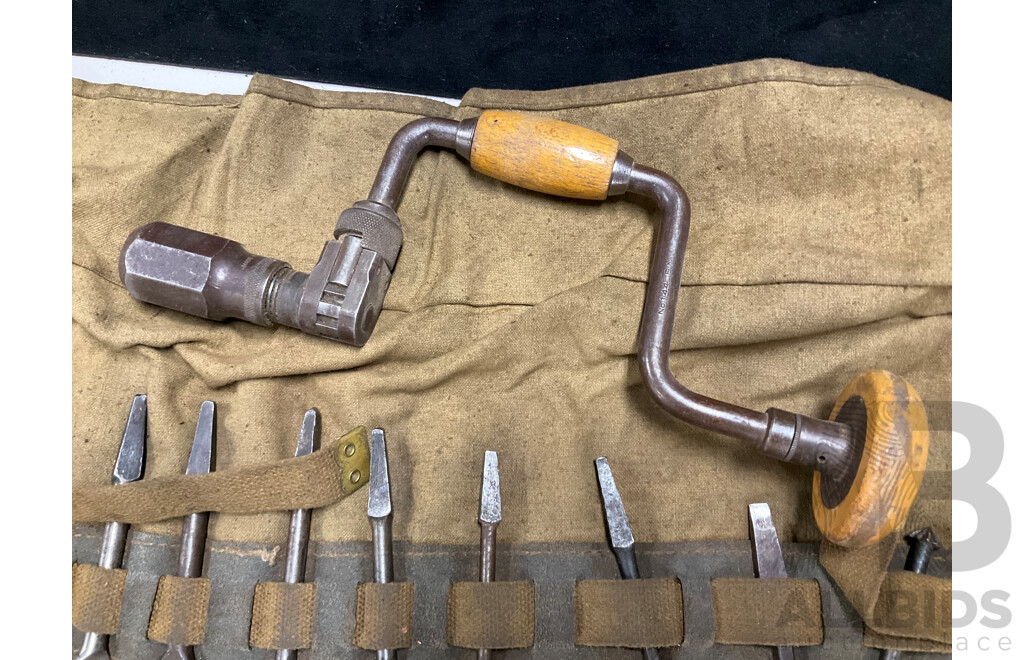 Vintage Hand Crank Drill with Pouch of Auger Bits