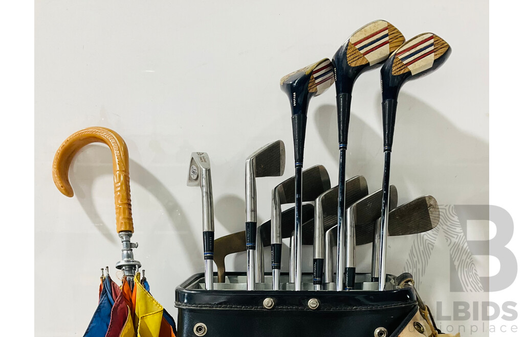Wonderful Vintage c1970s Set of Thirteen Slazenger Crampton Golf Clubs in Original Slazenger C14DH Bag, with Slazenger Buggy