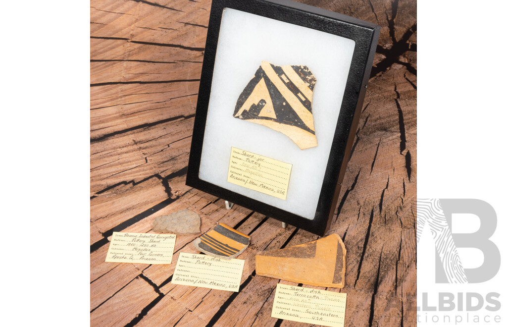 Collection Four Ancient American Indian Pottery Sherds Compising Reserve Indented Corrugated Mogollon Culture Example and More, All in Collectors Frames
