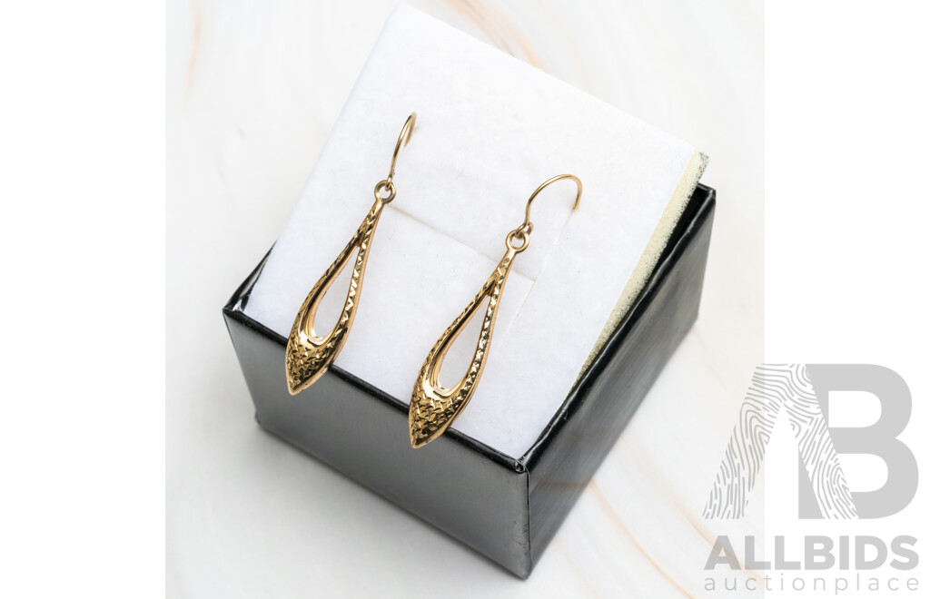 9ct Elongated Patterned Drop Earrings on Shepherds Hooks, 38mm, 0.65 Grams