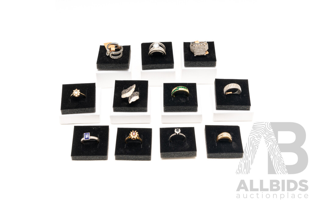 Collection of (11) Silver/gold Tone Rings with Paste Stones, with Ring Boxes - Ex Retail Stock
