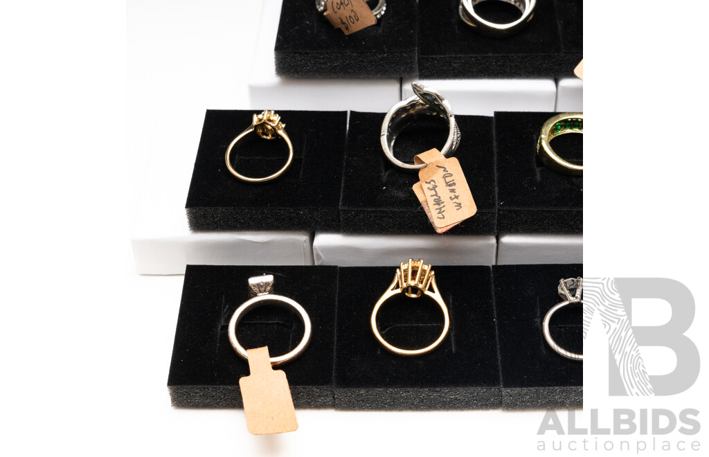 Collection of (11) Silver/gold Tone Rings with Paste Stones, with Ring Boxes - Ex Retail Stock