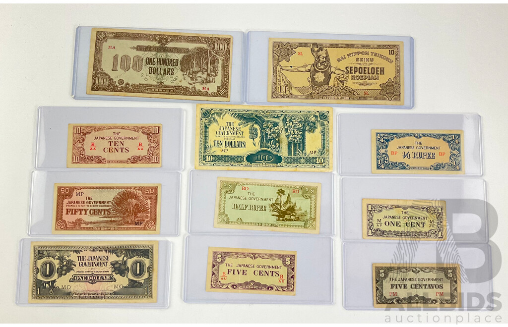 Collection of WW2 Japanese Occupation Bank Notes Including Malaya One Hundred Dollar Rubber Tree Tapping, Netherlands Indies Ten Roepiah