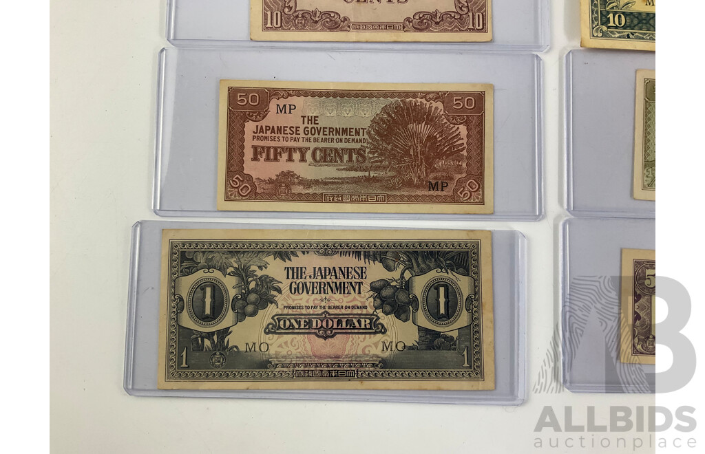 Collection of WW2 Japanese Occupation Bank Notes Including Malaya One Hundred Dollar Rubber Tree Tapping, Netherlands Indies Ten Roepiah