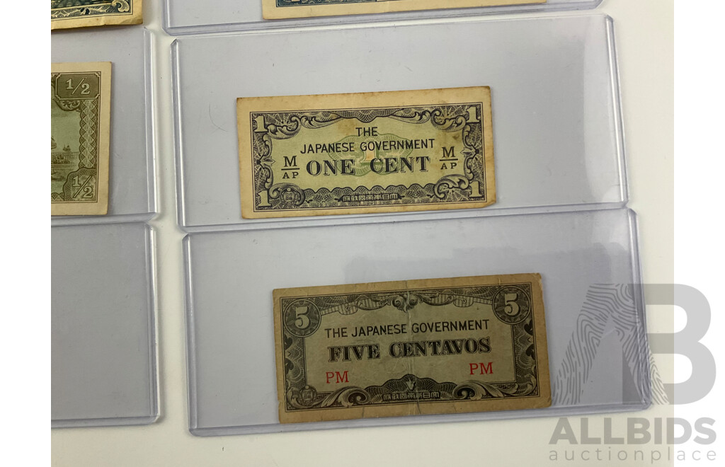 Collection of WW2 Japanese Occupation Bank Notes Including Malaya One Hundred Dollar Rubber Tree Tapping, Netherlands Indies Ten Roepiah
