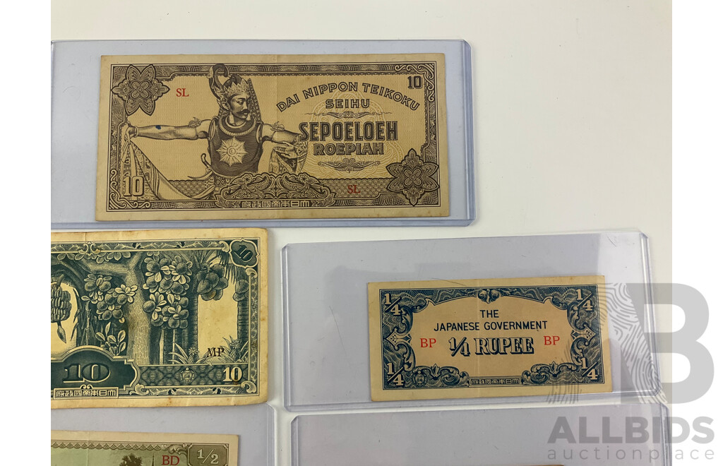 Collection of WW2 Japanese Occupation Bank Notes Including Malaya One Hundred Dollar Rubber Tree Tapping, Netherlands Indies Ten Roepiah