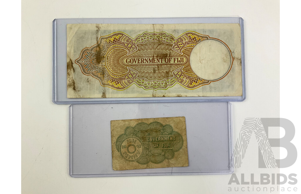 Fiji 1941 KGVI Five Shilling Note and 1942 One Penny Note