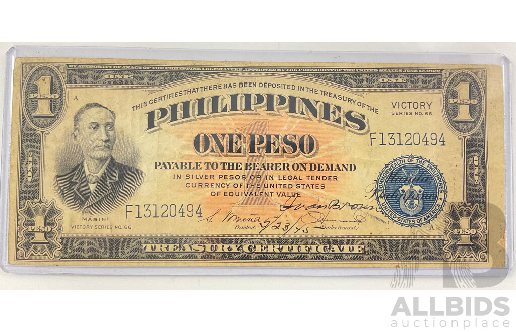 Philippines One Peso Victory Note, Signed by Juan Brown Dated 5/23/1945