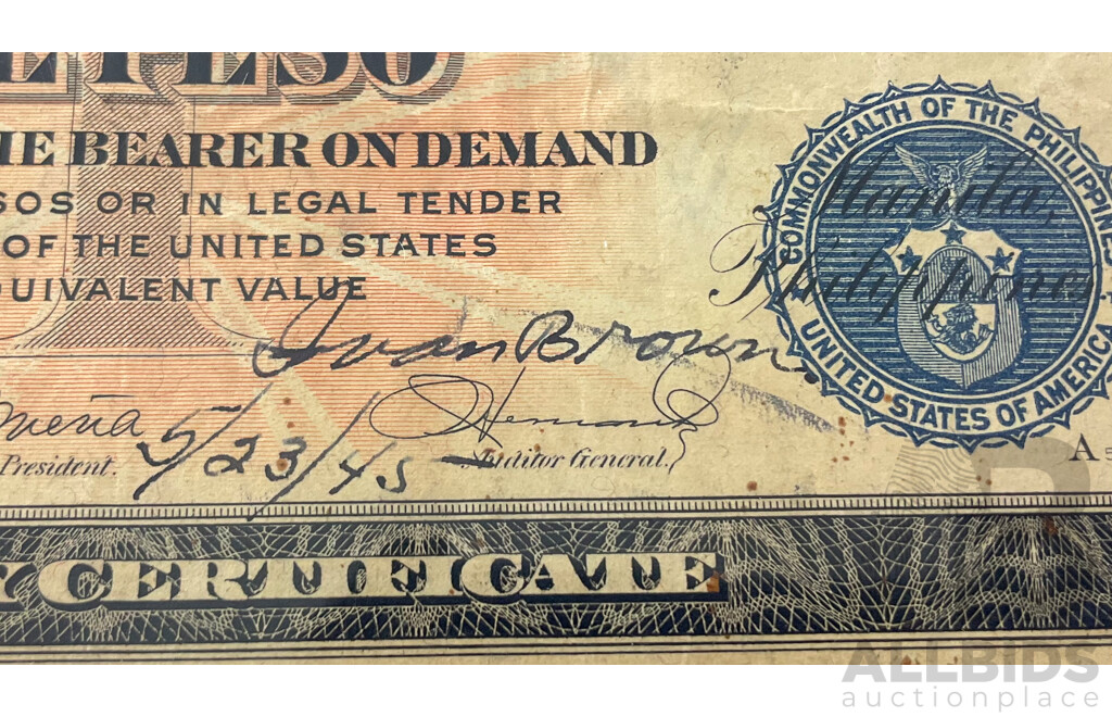 Philippines One Peso Victory Note, Signed by Juan Brown Dated 5/23/1945