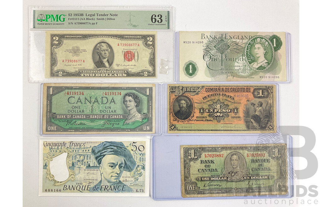 Collection of International Banknotes Including USA 1953B Two Dollar Note PMG 63 Choice UNC, Canada One Dollar Notes KGVI, QE2, Mexico One Pesos, England One Pound, France Fifty Francs