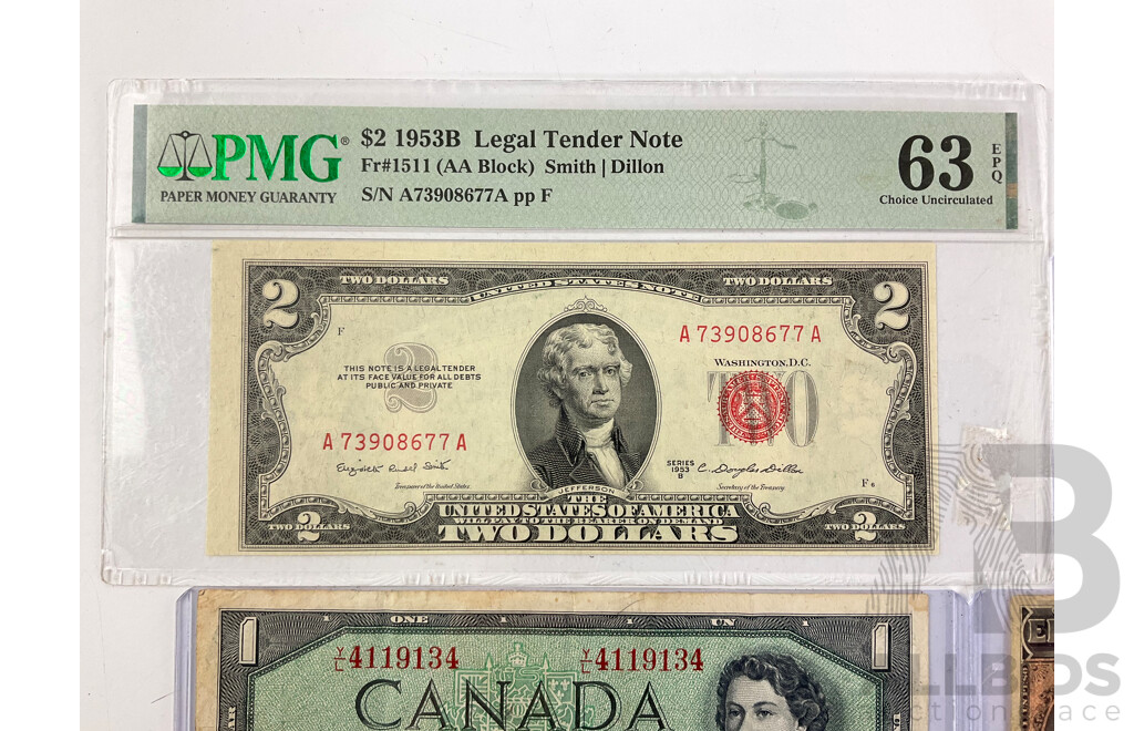 Collection of International Banknotes Including USA 1953B Two Dollar Note PMG 63 Choice UNC, Canada One Dollar Notes KGVI, QE2, Mexico One Pesos, England One Pound, France Fifty Francs