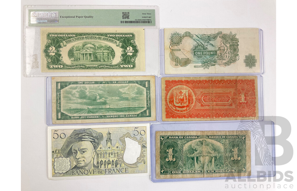 Collection of International Banknotes Including USA 1953B Two Dollar Note PMG 63 Choice UNC, Canada One Dollar Notes KGVI, QE2, Mexico One Pesos, England One Pound, France Fifty Francs