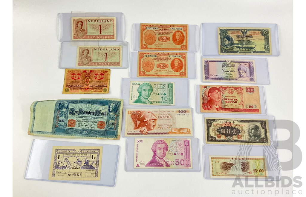 Collection of Vintage International Banknotes Including Noumea, Croatia, Greece, Netherlands, China, Oman, Indonesia, Thailand, Germany