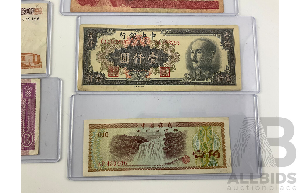 Collection of Vintage International Banknotes Including Noumea, Croatia, Greece, Netherlands, China, Oman, Indonesia, Thailand, Germany