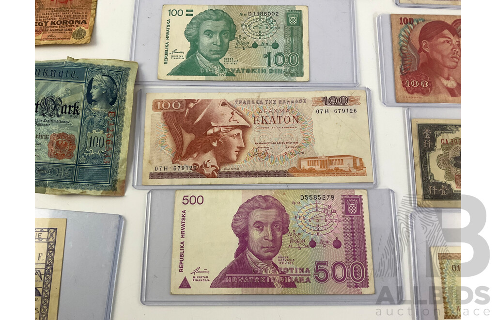 Collection of Vintage International Banknotes Including Noumea, Croatia, Greece, Netherlands, China, Oman, Indonesia, Thailand, Germany
