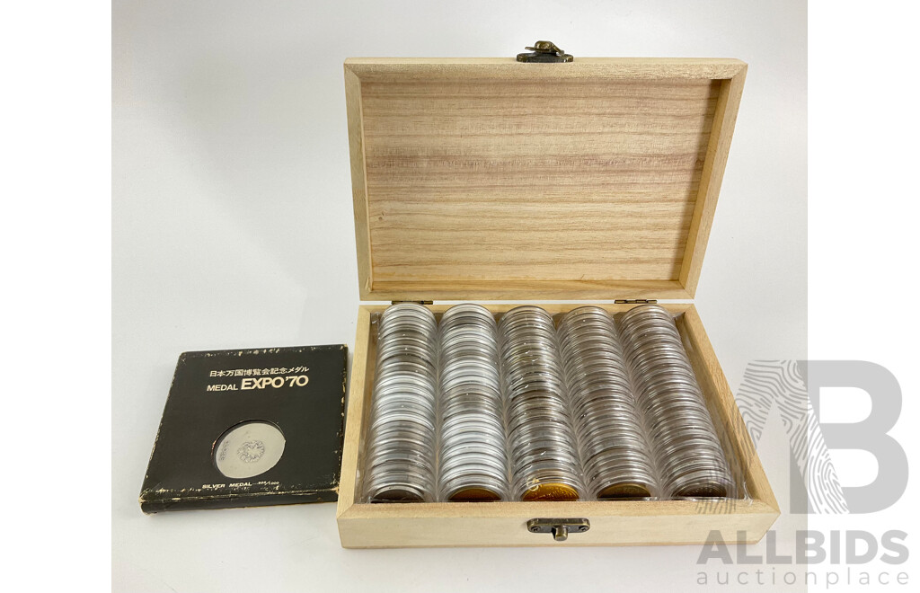 Collection of International Cased Coins and Tokens Including Canada, Switzerland, Sweden, Malaysia, New Zealand, Germany, Australia Shilling, Chuck E Cheese, Showbiz Pizza Place