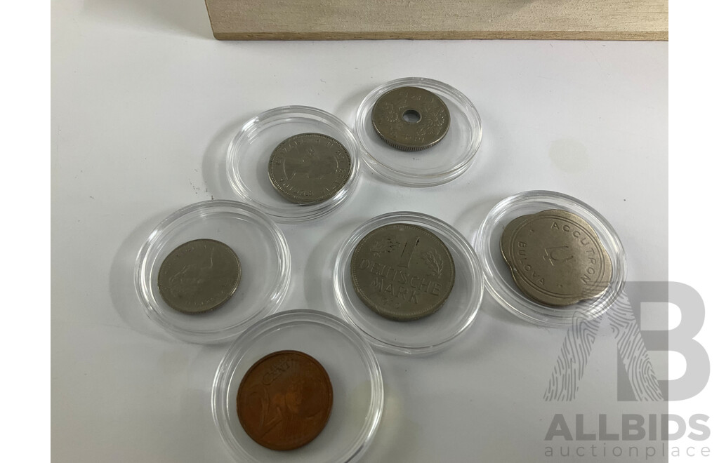 Collection of International Cased Coins and Tokens Including Canada, Switzerland, Sweden, Malaysia, New Zealand, Germany, Australia Shilling, Chuck E Cheese, Showbiz Pizza Place