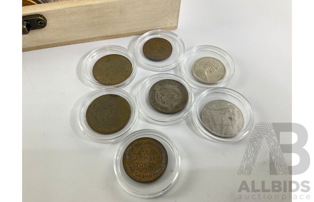 Collection of International Cased Coins and Tokens Including Canada, Switzerland, Sweden, Malaysia, New Zealand, Germany, Australia Shilling, Chuck E Cheese, Showbiz Pizza Place