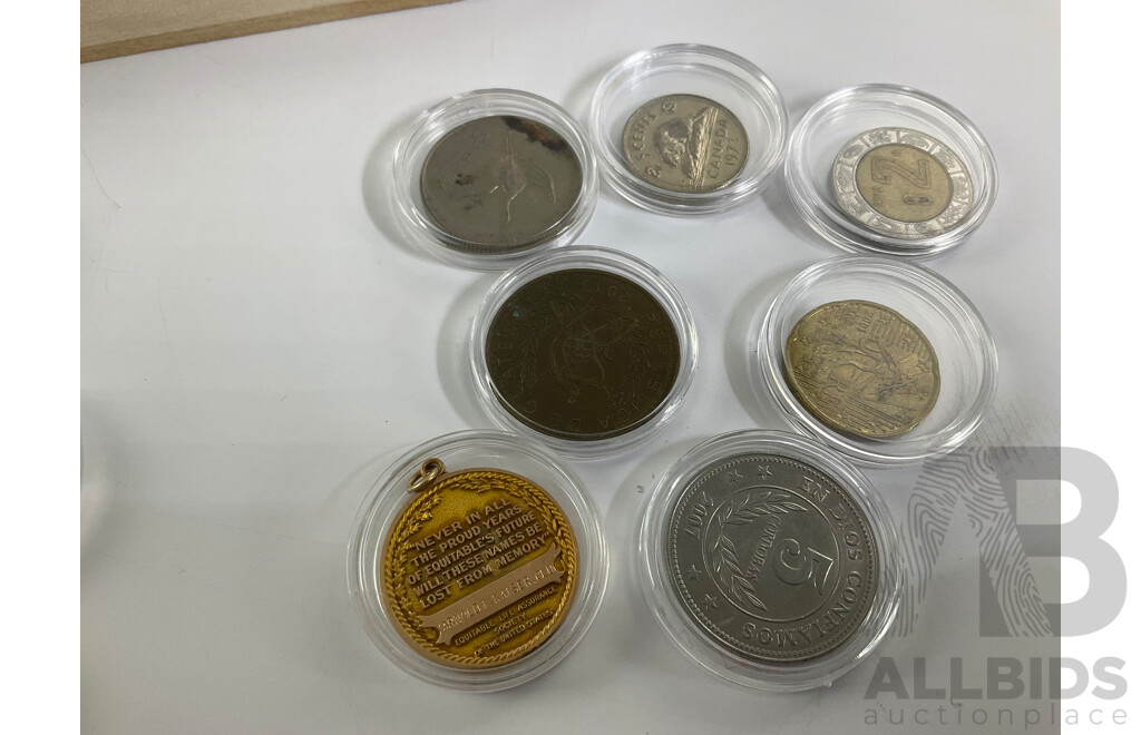 Collection of International Cased Coins and Tokens Including Canada, Switzerland, Sweden, Malaysia, New Zealand, Germany, Australia Shilling, Chuck E Cheese, Showbiz Pizza Place