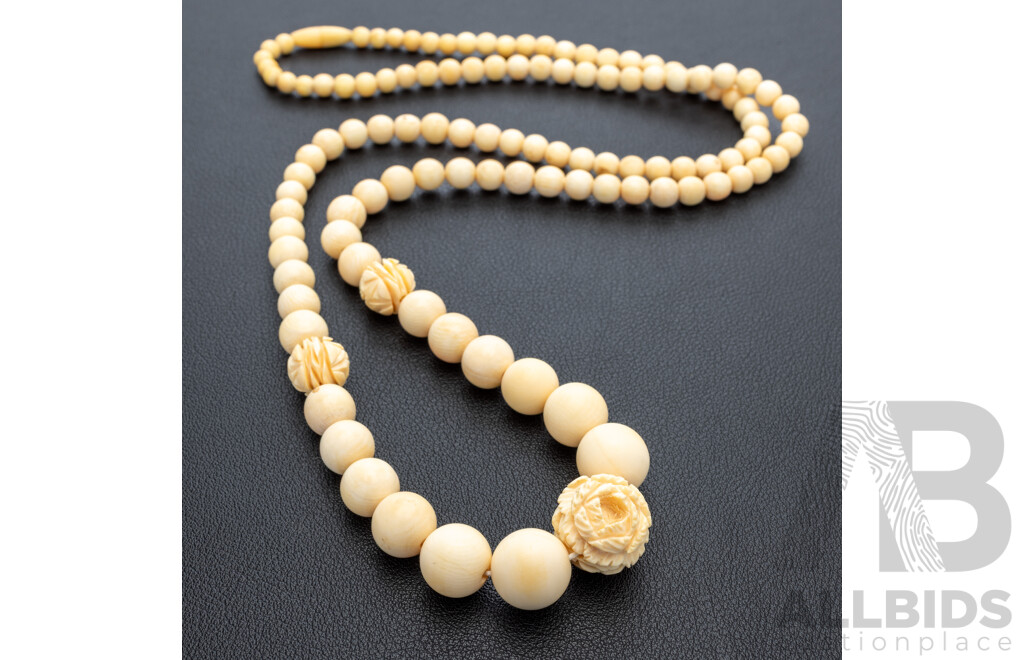 Vintage Ivory Carved Beaded Necklace, 85cm Long with Handcarved Floral Beads