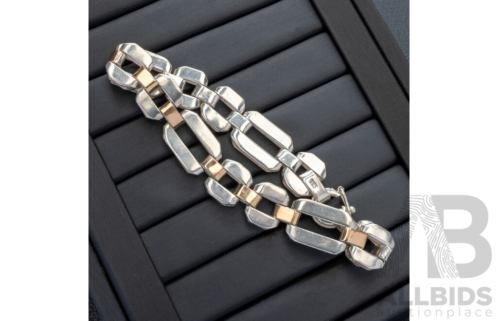 Sterling Silver Unisex Two Tone Decorative Flat Belcher Bracelet, 20cm, 24.59 Grams
