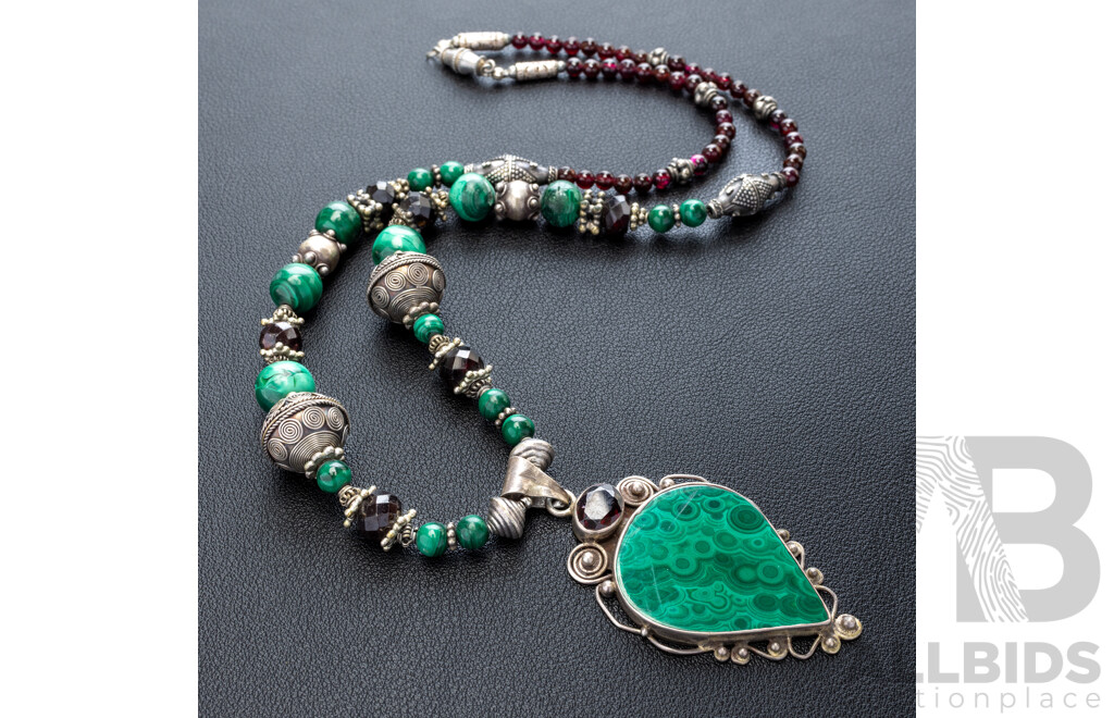 Sterling Silver Malachite & Garnet Ornate Statement Necklace, 55cm, 77.0 Grams