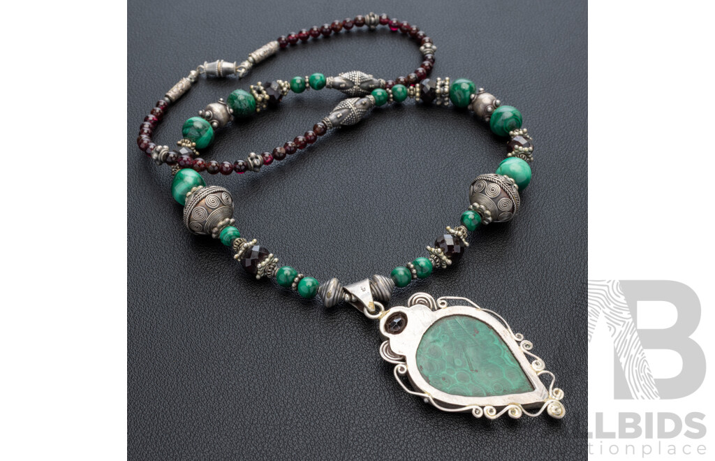Sterling Silver Malachite & Garnet Ornate Statement Necklace, 55cm, 77.0 Grams