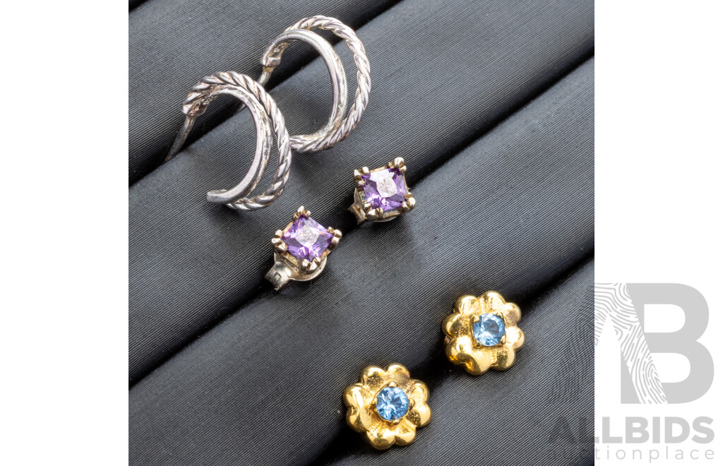 Sterling Silver (3) Pairs of Stud Earrings with Amethyst & Topaz