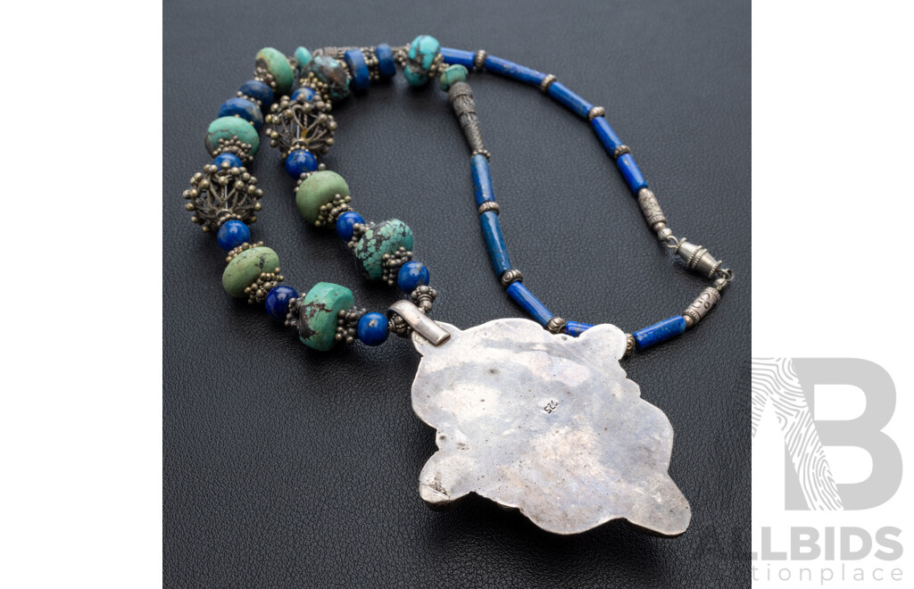 Ornate Sterling Silver Turquoise, Coral & Lapis Lazuli Necklace, 55cm Long, 119.0 Grams