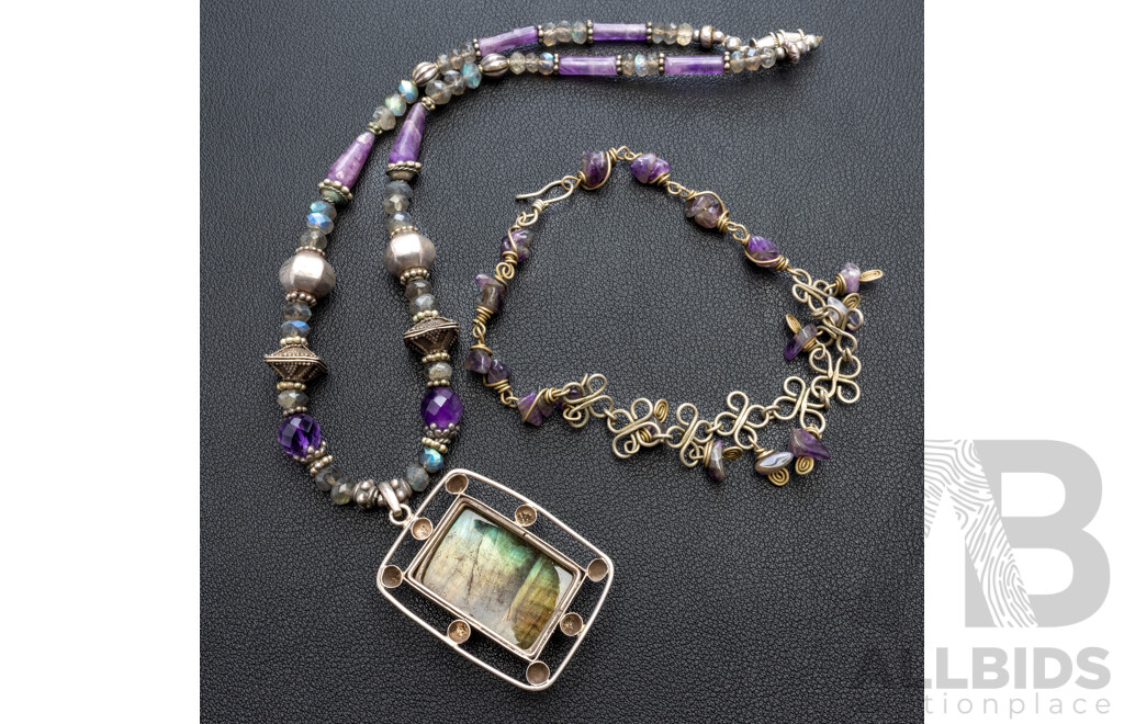 Silver Labradorite & Amethyst Beaded Statement Necklace with Ornate Amethyst Anklet