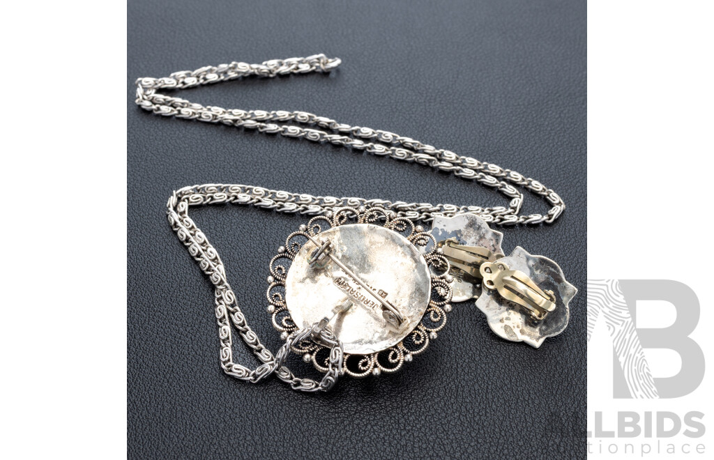 Vintage Jerusalem Silver Eliat Cabochon Brooch/pendant on Chain with Silver Eliat Clip on Earrings, 31.33 Grams