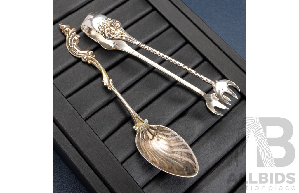 Antique Gorham No. 18C Sterling Rococco Preserves Spoon & Sterling 759 Sugar Cube Tongs, 18.0 Grams