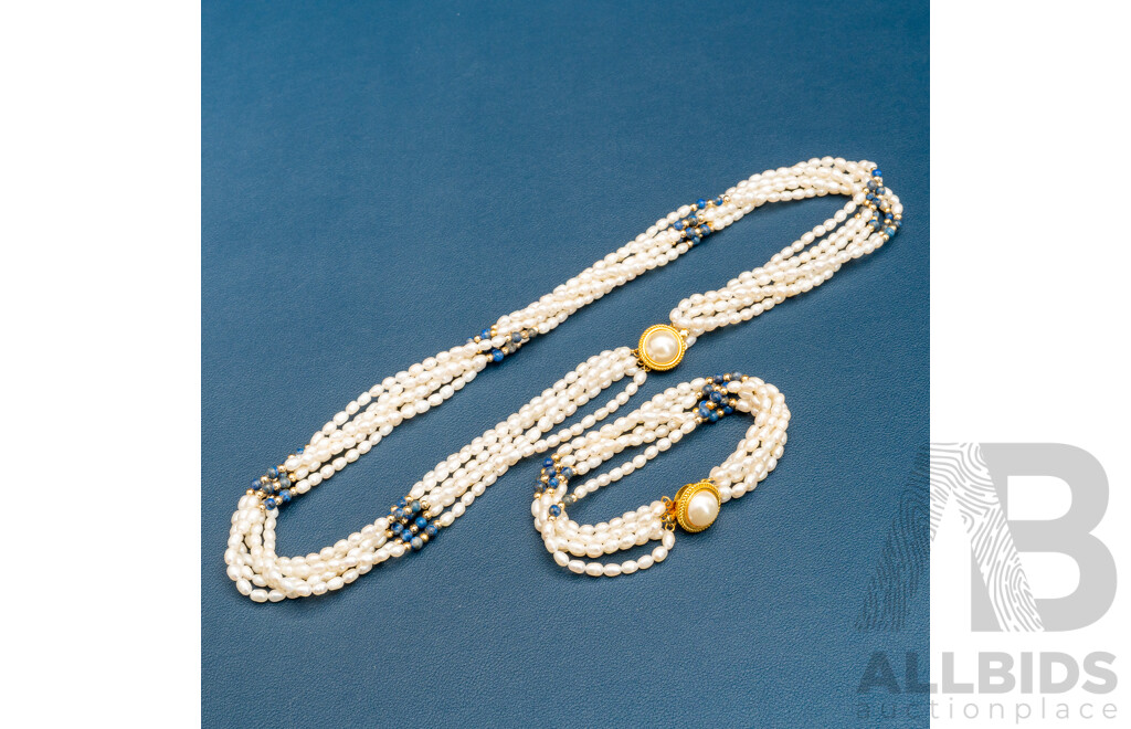 Rice Pearl & Lapis Lazuli Beaded Multi Strand Necklace & Matching Bracelet, with Gold Tone Silver Clasps