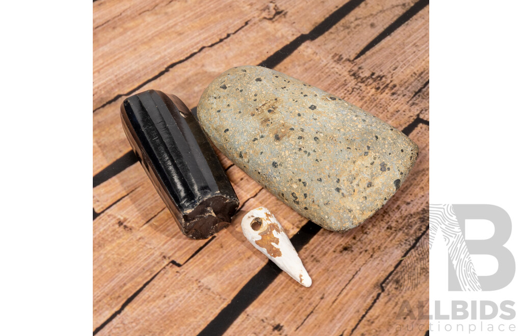 Collection Three Ancient Central American Items Comprising Obsidian Core, Shell Bead & Axe Head, All in Collectors Cases