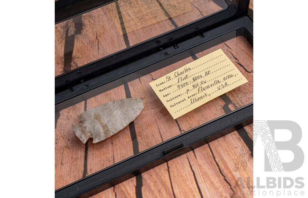 Ancient Native American Indian Knapped Flint St Charles Projectile Point, Floraville Illinois, 9500 to 8000 BP, in Collectors Case