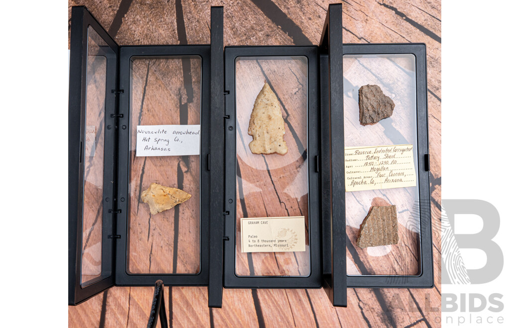Collection Three Ancient North American Items Comprising Projectile Point, Novaculite Arrowhead & Mogollon Culture Pottery Sherd, All in Collectors Cases