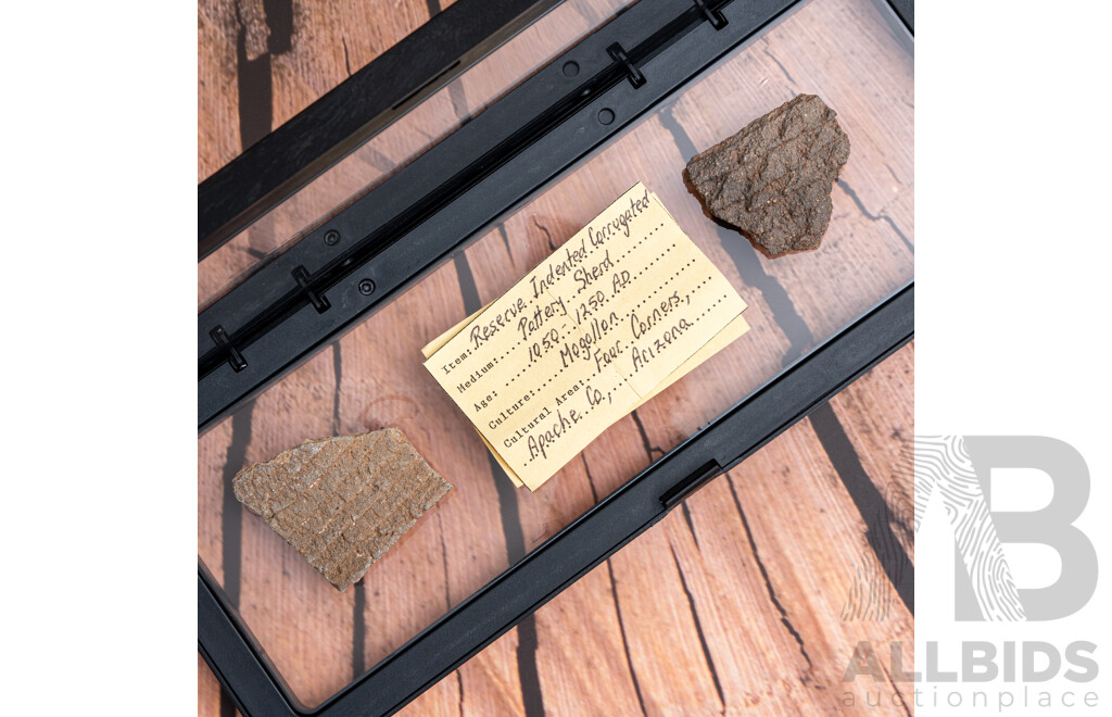Collection Three Ancient North American Items Comprising Projectile Point, Novaculite Arrowhead & Mogollon Culture Pottery Sherd, All in Collectors Cases