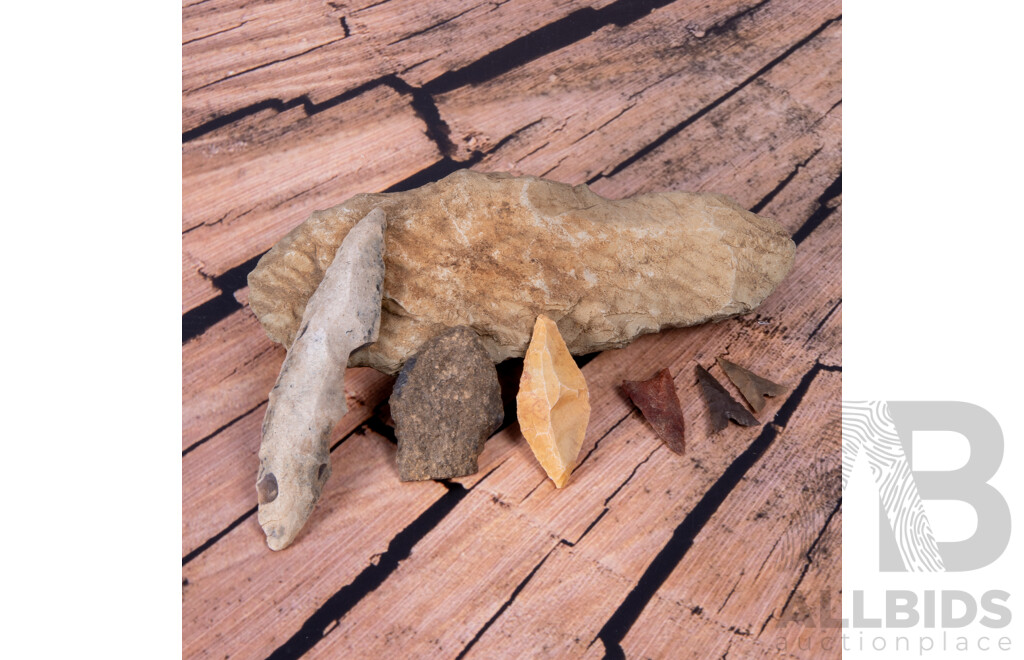 Collection Seven Ancient Algerian Neolithic Flint Knapped Items, All in Collectors Frames