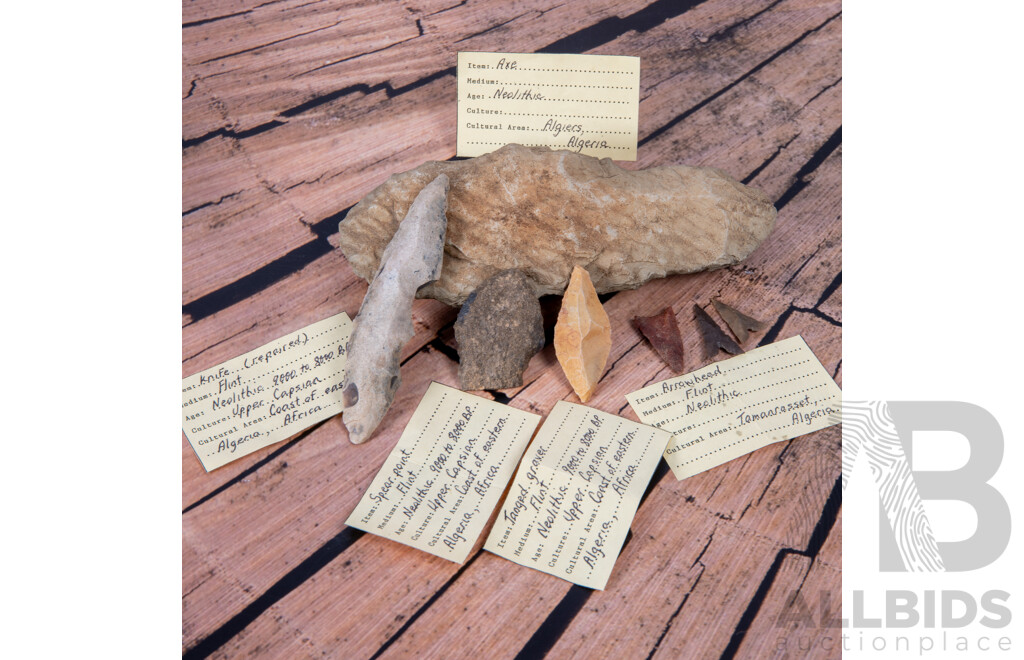 Collection Seven Ancient Algerian Neolithic Flint Knapped Items, All in Collectors Frames