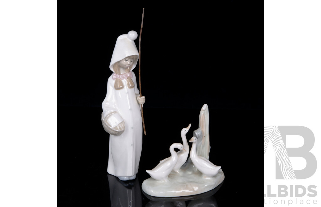 Spanish Lladro Porcelain Figure of Youth with Stick Along with Nao Duck Grouping